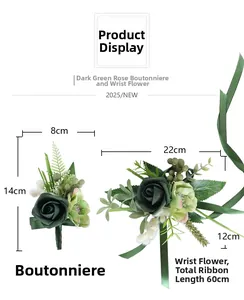 Detailed view of dark green PE rose corsage and wrist flower with size dimensions