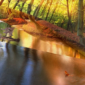 Dettaglio della trama del tessuto con motivo di paesaggio boschivo e fiume