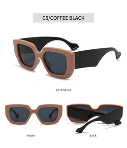 Detailed views of geometric coffee black oversized sunglasses with dark grey lenses