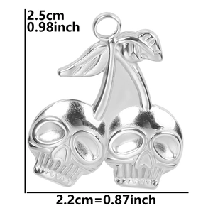 Detail view of skull cherry pendant with dimensions 2.5cm by 2.2cm in silver finish