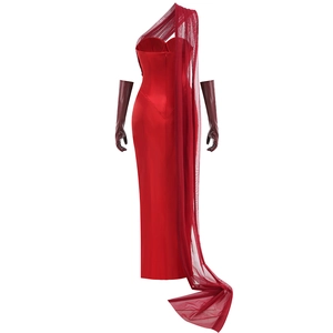 Detail of burgundy satin one-shoulder evening gown with mesh trail and matching gloves