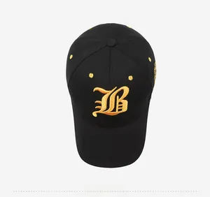 Top view of a black baseball cap with yellow Gothic B embroidery and neat stitching