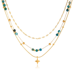 Collier multi-rangs en acier inoxydable doré 18K avec pierres bleues et étoile