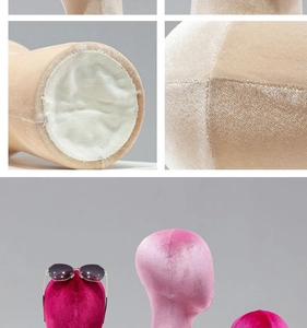 Detail view of pink velvet mannequin head stand showing fabric texture and sunglass display