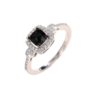 Elegant silver ring with square black gemstone and halo diamond setting for women