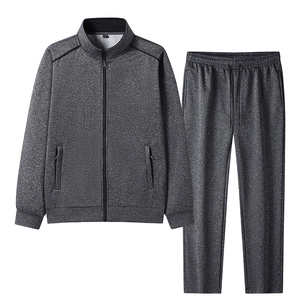 Men's dark gray two-piece tracksuit with stand collar jacket and drawstring pants