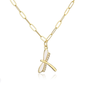 Detail of 18K gold-plated dragonfly necklace with white inlay and zircon stones