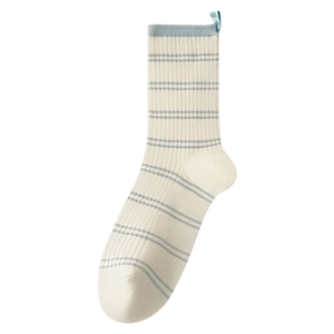 Cotton knit crew socks with light blue stripes and heel heart label on white background