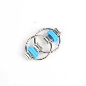 Detailed macro view of metal fidget chain toy with silver rings and blue rubber O-rings