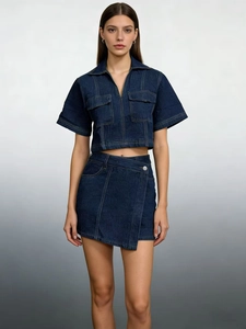 Women's dark blue denim two-piece set with V-neck short sleeve top and asymmetric skirt