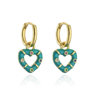 Detail of gold-plated heart earrings with green enamel and multi-color zircon stones