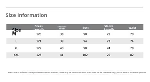 Size chart for the vintage striped dress including length, shoulder, and bust details