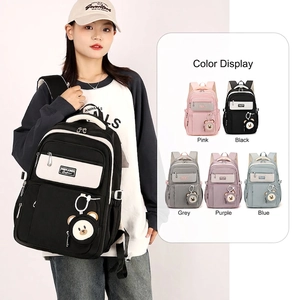 Large Capacity Oxford Cloth Backpack Multi Pocket School Bag With Bear Charm For Girls Students Travel Laptop Daypack