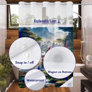 Waterproof shower curtain with landscape painting, snap-on liner and bottom magnets