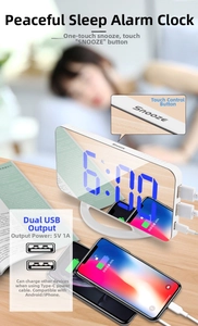 Detail of white digital mirror clock showing dual USB charging ports and snooze touch sensor