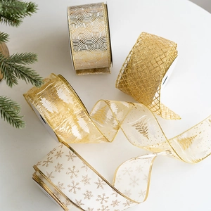 Christmas ribbon set with snowflake and tree patterns for DIY gift wrapping and tree decor