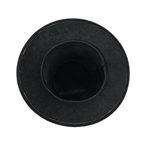 Top-down view of black vintage felt top hat showing circular brim and matte texture