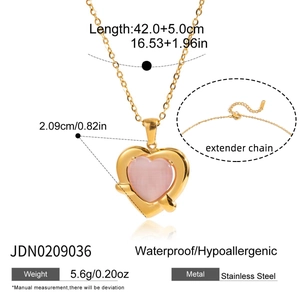 Detailed dimensions of 18K gold stainless steel heart necklace with pink stone