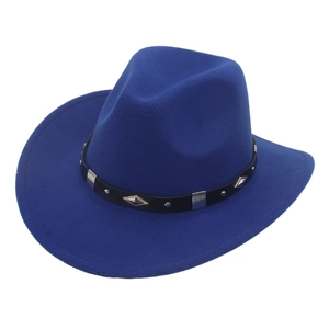 Western style royal blue felt cowboy hat with metallic studded leather band