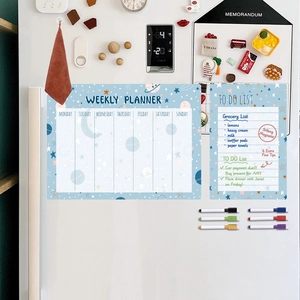 Starry sky magnetic weekly planner and to-do list on fridge with 6 colored markers