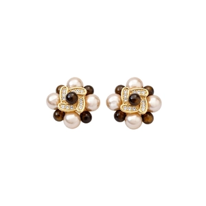 18k gold plated pearl flower stud earrings with brown beads and zircon center inlay
