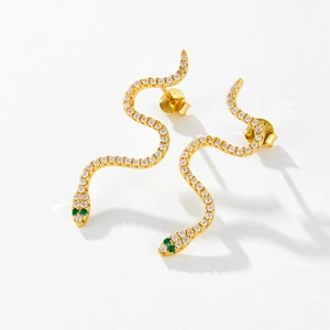 925 sterling silver snake stud earrings with gold finish and white cubic zirconia