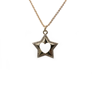Minimalist gold star pendant necklace with hollow heart and pave cubic zirconia stones