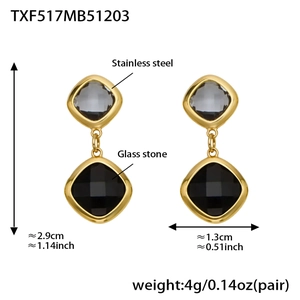 Detail of gold stainless steel earrings with grey and black glass stones and dimensions