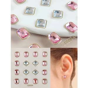 Pink and clear square cubic zirconia stud earrings set with gold metal border