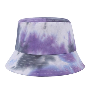 Trendy tie-dye bucket hat in purple and grey shades with stitched brim for outdoor sun protection