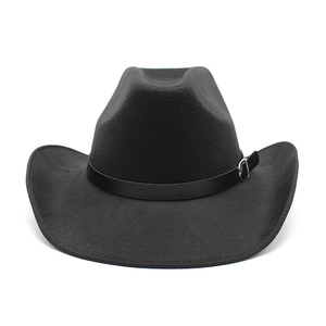 Detailed view of black wool western cowboy hat with leather band and metal buckle