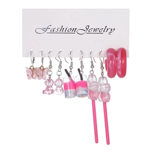 Set of 5 pairs resin earrings featuring pink bear, butterfly and bubble tea pendants