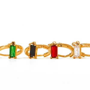 Gold hoop earrings featuring rectangular zircon pendants in green, black, red, and clear colors