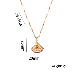 Elegant fan-shaped gold pendant necklace with colorful zircon stones on a white background