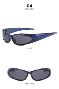 Front and side views of C4 deep blue Y2K sports sunglasses with dark grey lenses