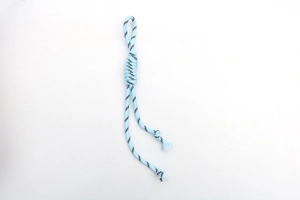 Detailed close-up of a light blue braided nylon rope knot with black decorative accents