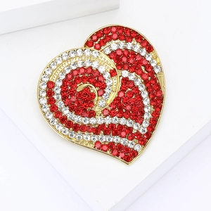 Broche cœur coquelicot plaquée or élégante avec strass rouges et blancs étincelants