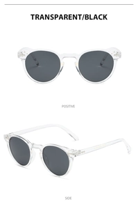 Front and side views of vintage round transparent sunglasses with black lenses and rivets