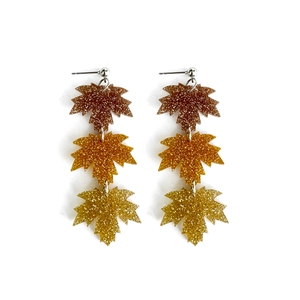 Three-layer acrylic maple leaf earrings in autumn brown orange and gold glitter resin