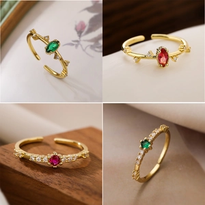 Adjustable Open Ring Women Copper 18K Gold Plated Zirconia Geometric Irregular Vintage Elegant Jewelry Gift