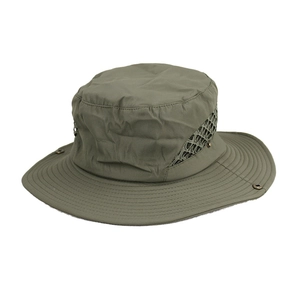 Detail of army green sun hat with breathable side mesh and snap buttons for hiking