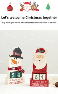 Detail of wooden Christmas countdown calendar with snowman and Santa Claus wood blocks