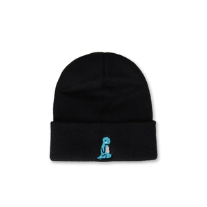 Detailed view of the cute blue dinosaur embroidery on a black knit winter beanie cap
