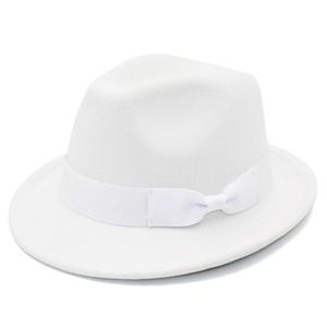 Detailed view of the white wool felt fedora featuring a stylish ribbon bow decoration