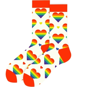 Colorful rainbow heart pattern crew socks in white with red heel and toe accents