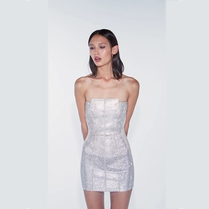 Robe Courte Bandage Bustier Argent Paillettes Moulante Soirée Clubwear Dos Nu Coupe Ajustée Pour Femmes
