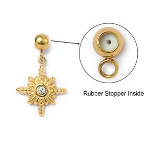 Golden sunburst charm with zircon and macro view of the internal rubber stopper