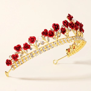 Baroque bridal crown featuring red roses, white pearls and crystals on gold metal base