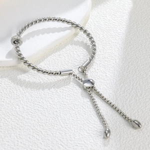 Adjustable vintage silver twisted rope bracelet with sparkling zircon circular charm