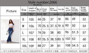 Size chart for women's high-waisted elastic flare jeans with detailed measurements in cm